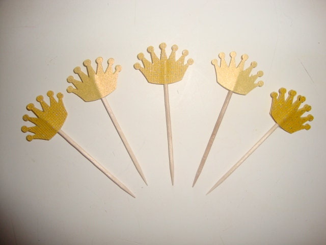 25 glitter and shimmer gold crown cupcake toppers- cheese picks- wedding picks- baby shower- prince or princess theme- customize