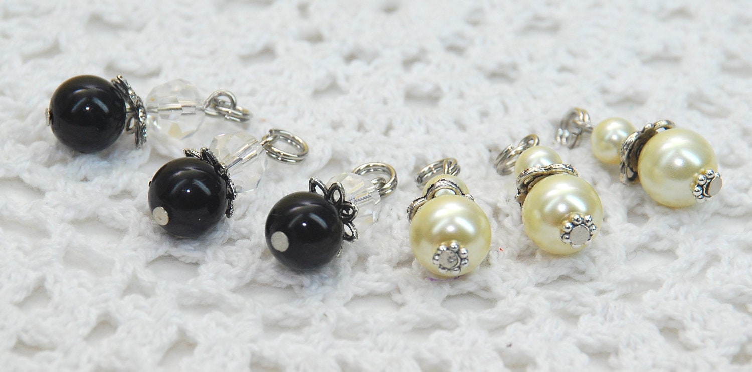 Set of 6 Handmade BLACK and WHITE Glass Pearl Scrapbook Bead Charm Embellishments