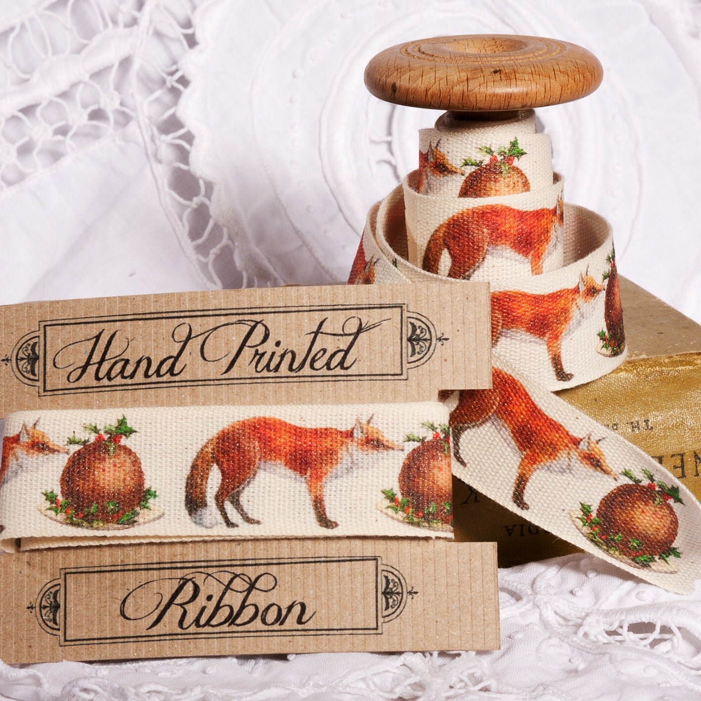 Items similar to Ribbon Hand Printed Christmas Fox Ribbon 2m x 25mm