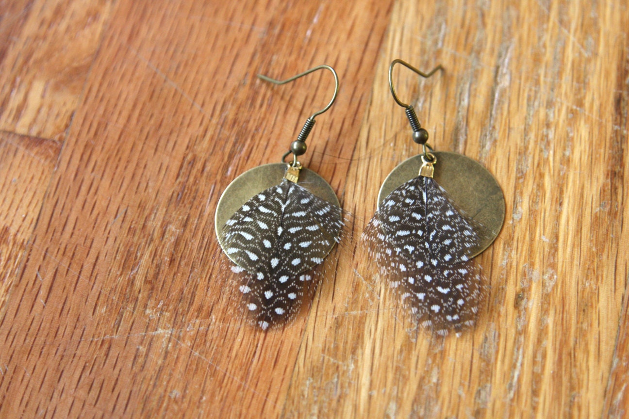 Brass Coin and Guinea Hen Feather Earrings