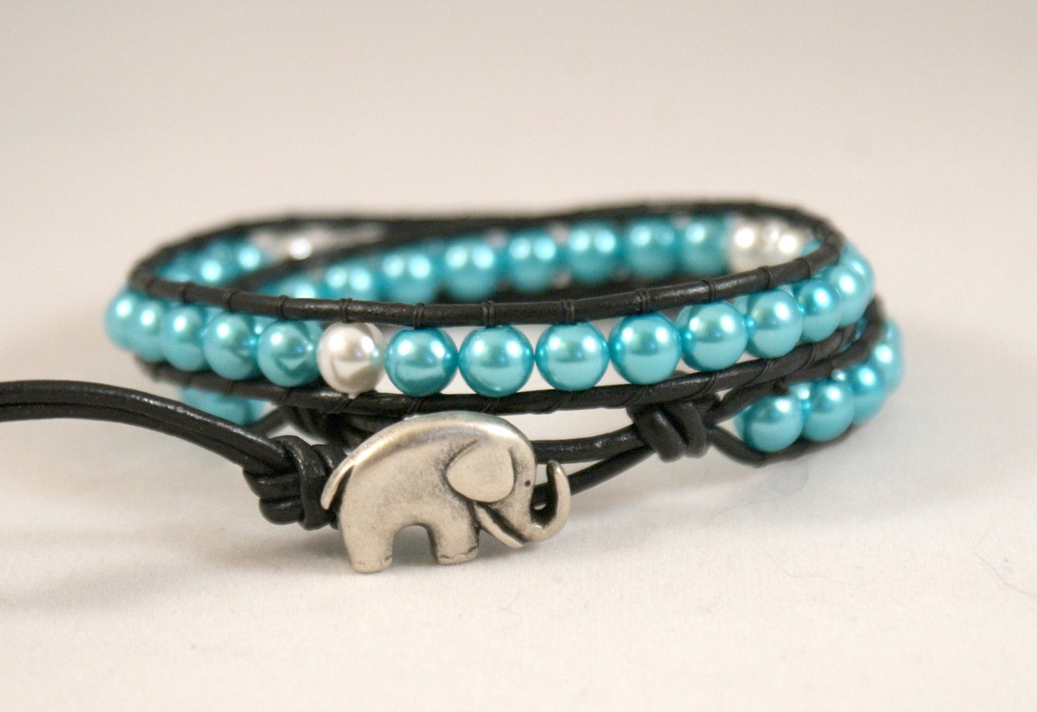 Sky Blue beaded leather wrap bracelet, 2x Wrap, Chan Luu Style, blue, pearl, white, good luck elephant