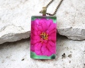 Glass Photo Pendant Necklace Fuschia Pink Zinnia Flower