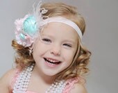 Baby Flower Headband,Aqua Baby Headband, Photo Prop, Headband, Children / Aqua Rosettes and Pink Silk Flower with Aqua Ribbon Headband