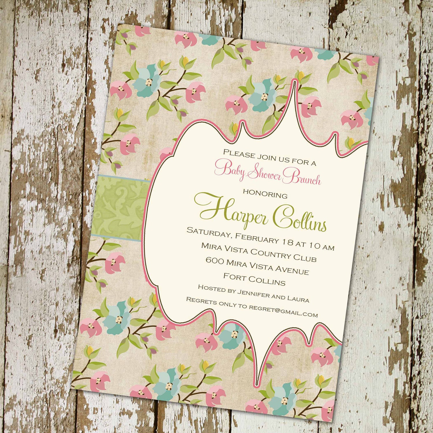 baby girl shower invitations, floral pattern, digital printable file (item 1340)