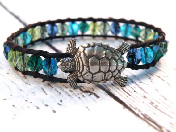 Boho Seaside Leather Wrap Bracelet with Blue Green Czech Beads and Sea Turtle Button/ Ocean Water/ Free Shipping