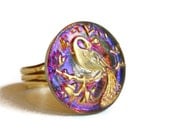 Peacock Ring, Czech glass vintage button