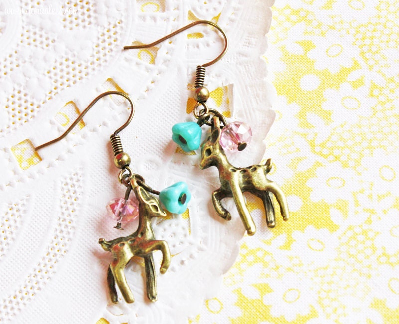 SALE- Prancing Fawn Charm Earrings- Antiqued Brass Deer Charm Earrings