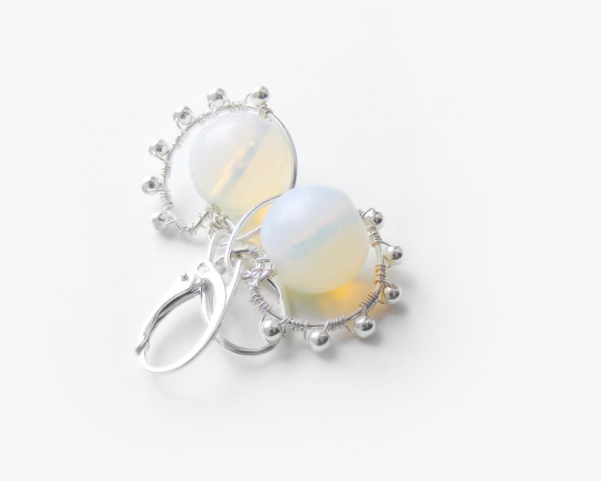Opal wire wrapped earrings, sterling silver natural opal wire wrapped jewelry handmade