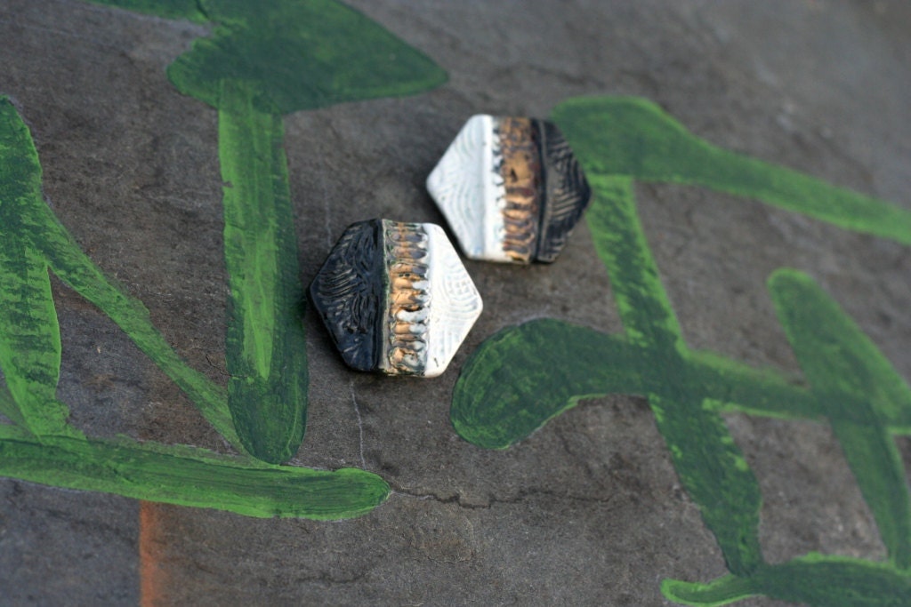 Easter Jewelry way back then......Geometric Handmade Raku Fired Clay Clip-On Earrings