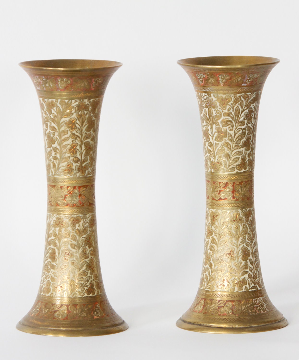 Vintage Mid Century Floral Brass Candlesticks with Inlaid Enamel Color