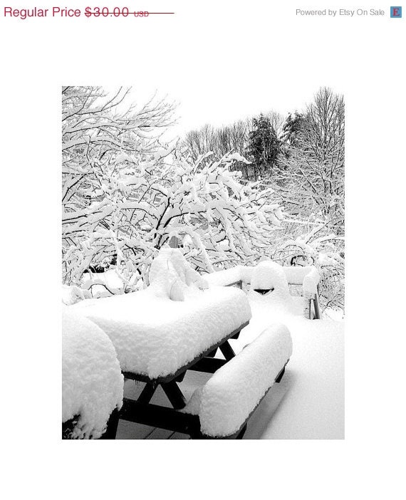 Snow Covered Deck, 16 x 20 Black And White Fine Art Photograph,  Snow Storm, Portland, Maine, Winter, The Maine View