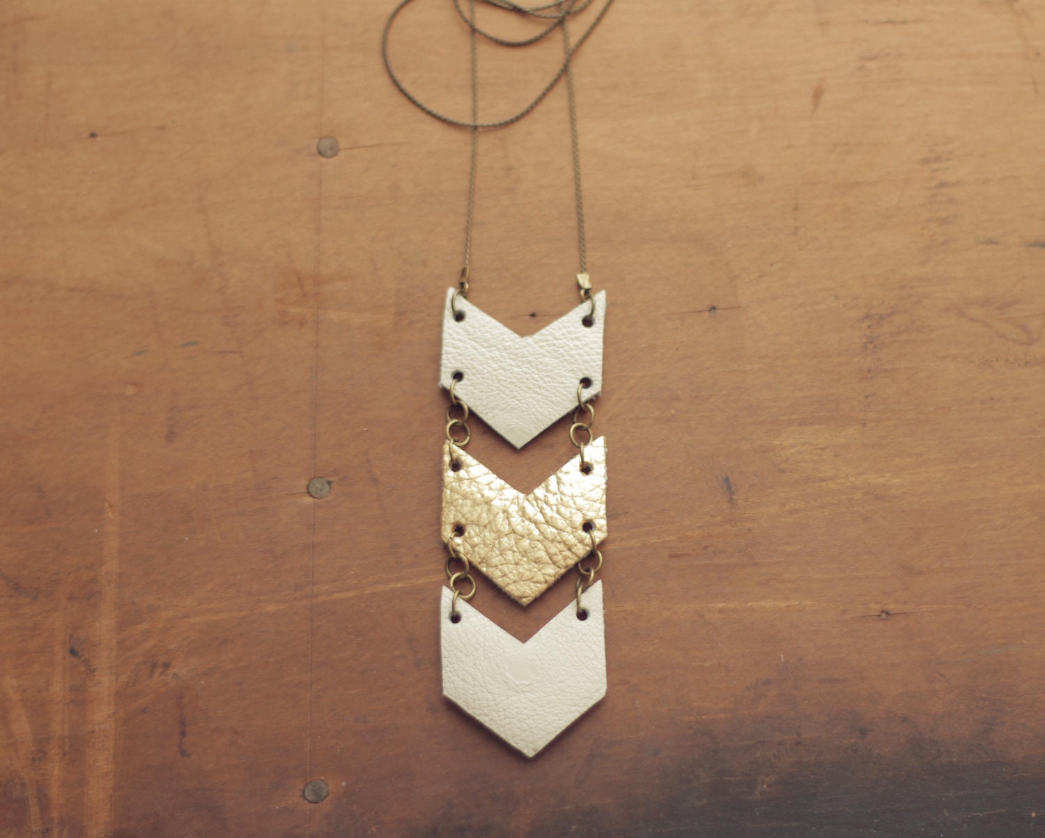 White & Gold Leather Chevron Necklace (Small)