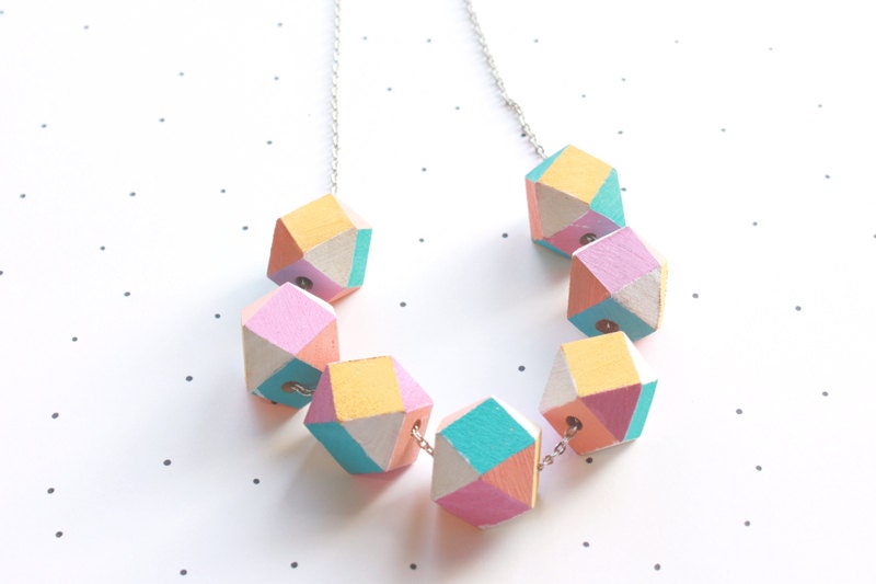 Pastel Wooden Geometric Faceted Beaded Necklace - solittletimeco Pastel Wooden Geometric Faceted Beaded Necklace - solittletimeco