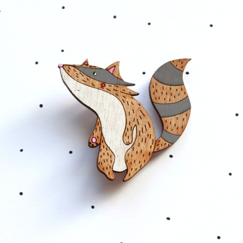 Wooden Laser Cut Racoon Brooch