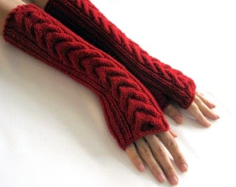 RED LONG Fingerless Gloves, Merino Wool Mittens, Arm Warmers with a cable pattern, Hand Knitted, Eco Friendly