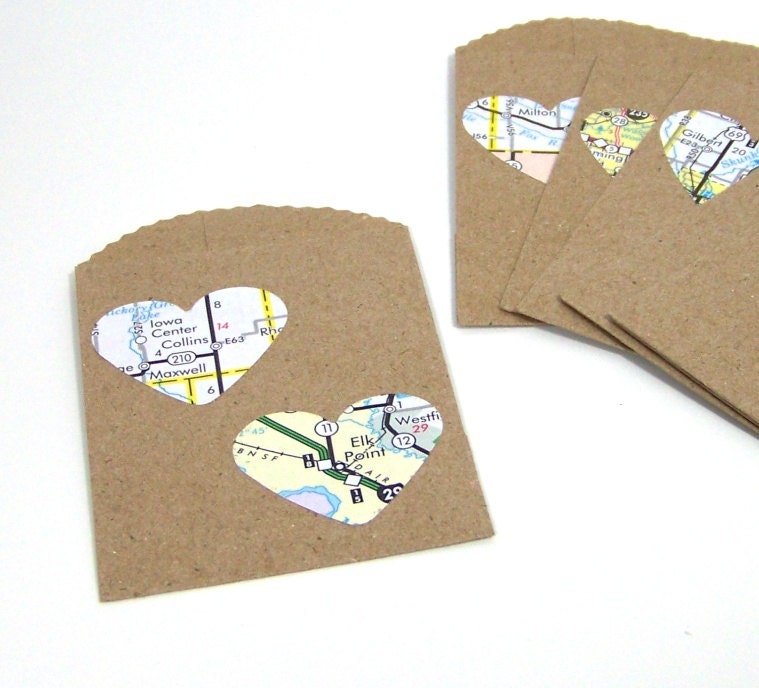 Mini Paper Gift Bags, Small Wedding Party Favors, Map Love, Recycled maps, Set of 10