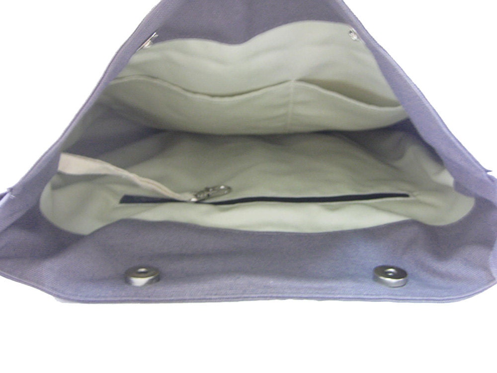 Gray cotton canvas tote bag / purse / shoulder bag / diaper bag - zippered inside pocket with bow