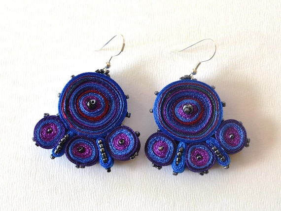 Earrings Blue Handmade - Textile Jewelry - Fiber Accessories - OOAK Ready To Ship