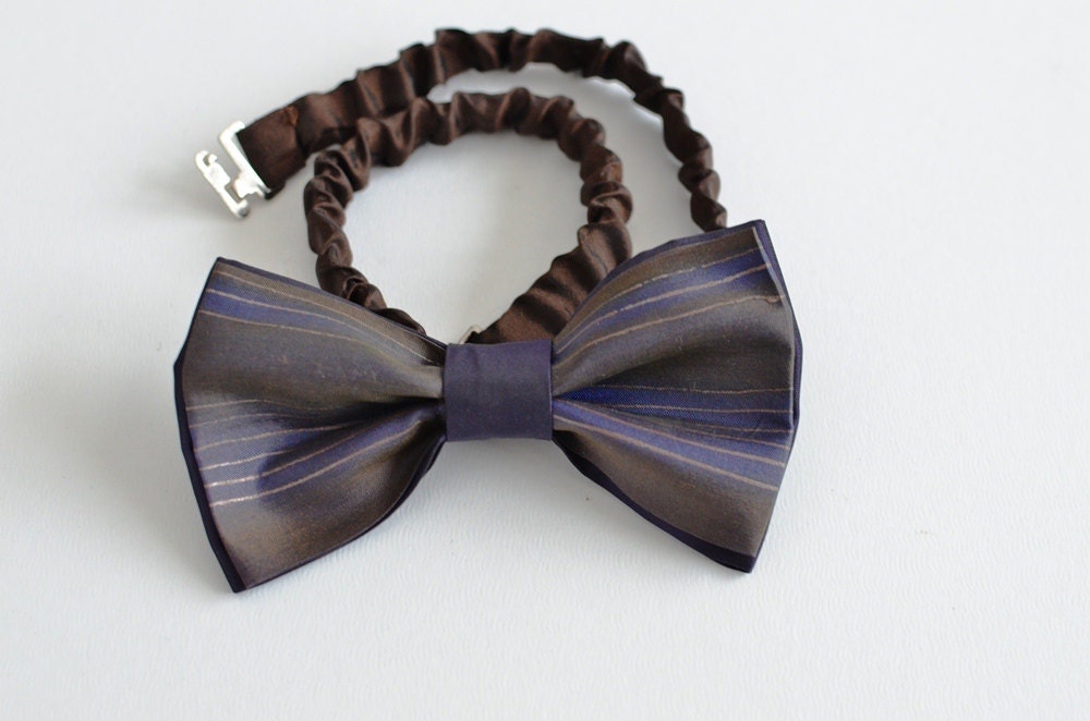 Bow Tie Silk Brown Pretied - Bow Tie Silk Navy Pretied Handpainted - Handmade Men Accessories - OOAK Ready To Ship