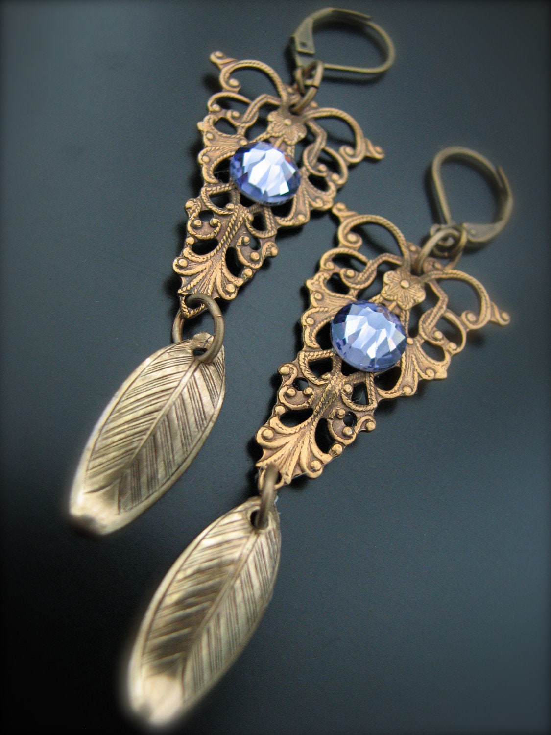 Steampunk Vintage Filigree Amethyst Swarovski Crystal Leave Earrings Antiqued Brass