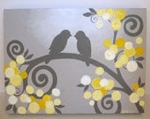 Kids Wall Art, Yellow and Grey Textured Birds and Flowers, 12x16 Acrylic Painting on Canvas - MADE TO ORDER