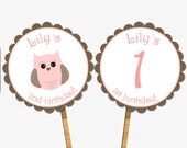 Printable Personalized Look Whos Pink Owl Cupcake Topper - Custom Circles Sticker Tags Girl