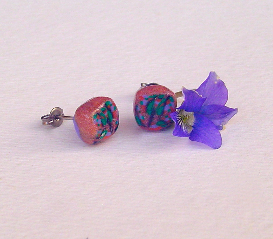 Titanium studs.  little square post earrings. copper polymer clay earring studs.