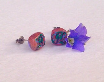 Titanium studs.  little square post earrings. copper polymer clay earring studs.