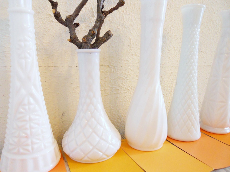 Collection of Five (5) Unique Milk Glass Vases - vintage