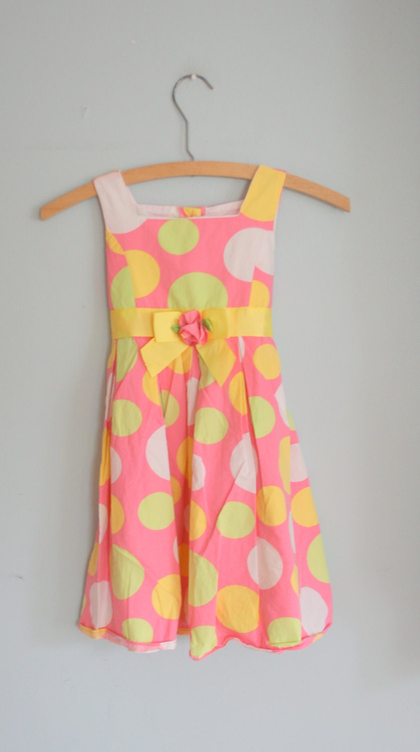 Pink POLKA DOTS Ruffled Girls Dress...size 6 girls...flower girl. pink. ruffles. ribbon. yellow. cotton sundress. fancy. princess. party