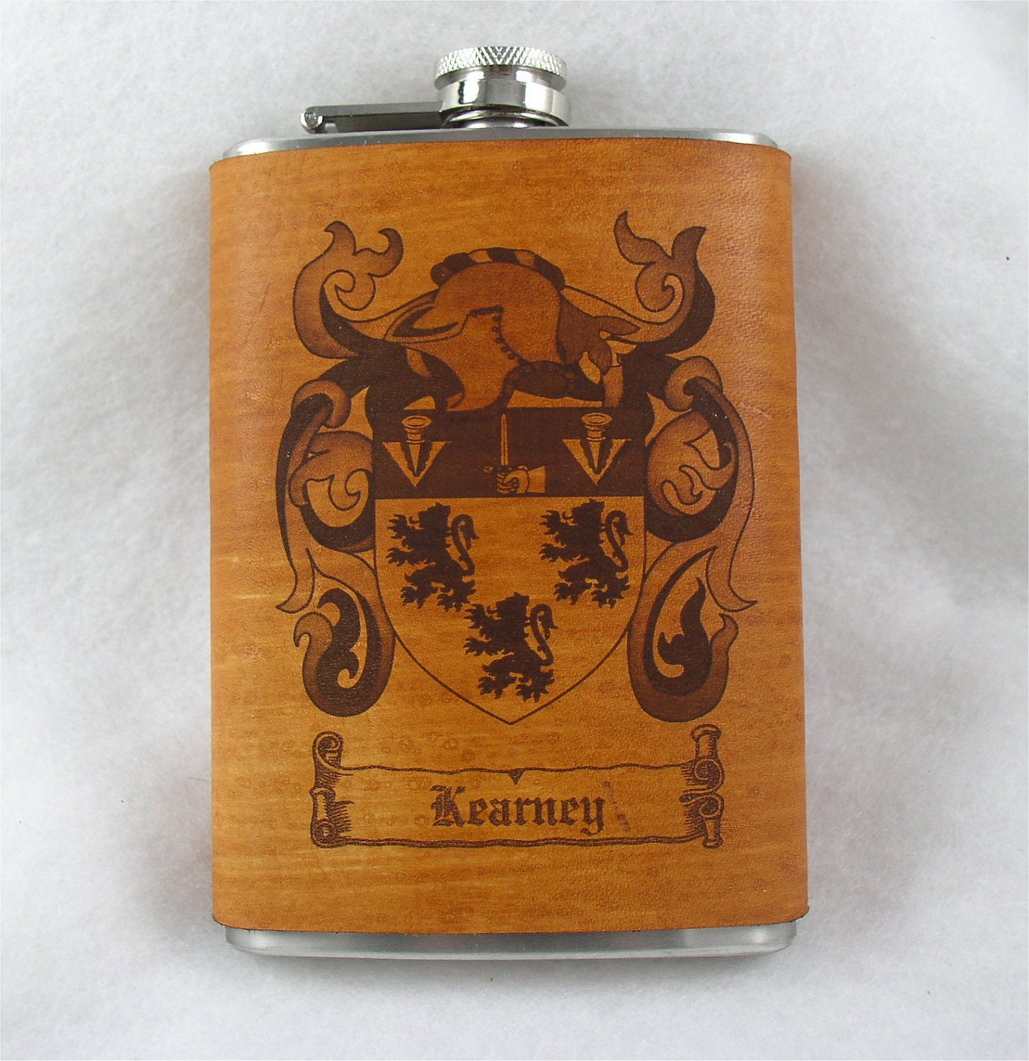 Family Crest on Leather Flask - 8 ounce