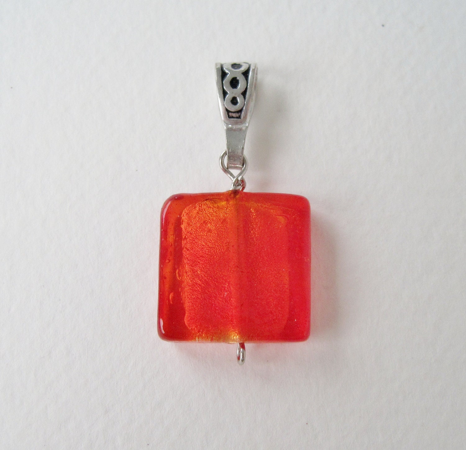 SALE 10 PERCENT OFF Vintage 80s Boho Edwardian Silvertone Silver Tone Bright Red Golden Orange Metallic Art Glass Type Square Pendant