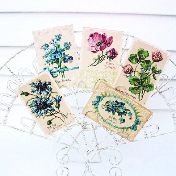German Postcards, Antique Ephemera, Flowers and Lace, Blue / Turquoise / Purple / Green - TheBestVintage