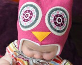 Hoo Hat -Upcycled Felted Wool Owl Hat -Bright Rose Pink Merino -Size Small (17-18.5" head -age 6-12 months)