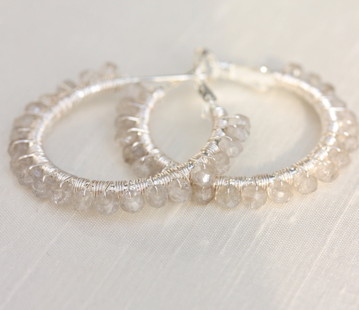 Silver Moonstone Wirewrapped Hoop Earrings