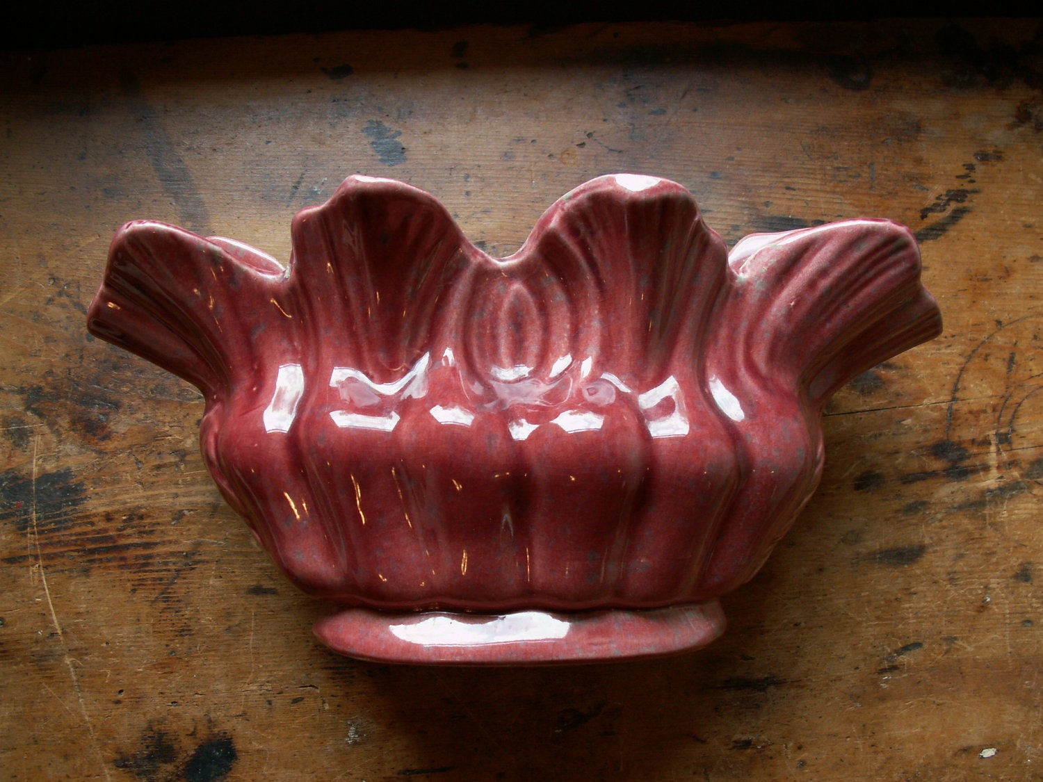 Vintage Dark Rose Artisitic California Scalloped Pottery Vase