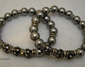 Grey Pearl,  Swarovski Rondels Stretch Bracelet Set of 2, Arm Candy, Stacking Bracelet,  Mothers Dayt