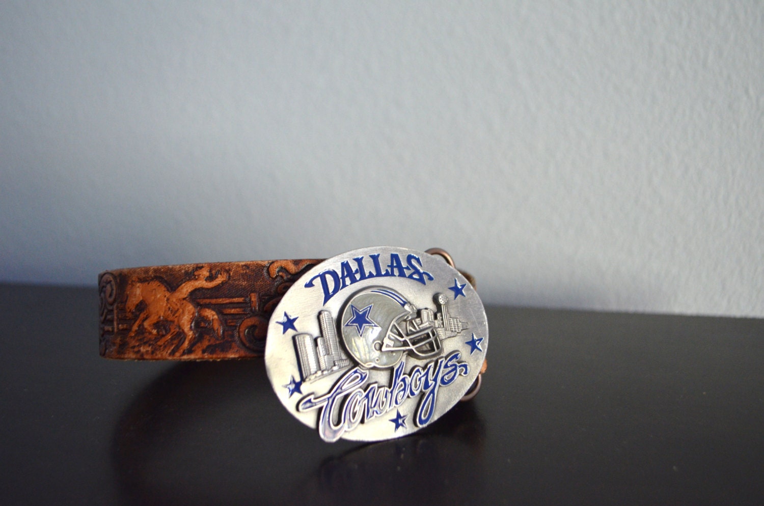 Vintage 70s Brown Kids Leather Tooled Bucking Horse Belt with Limited Edition 90s Dallas Cowboys Belt Buckle