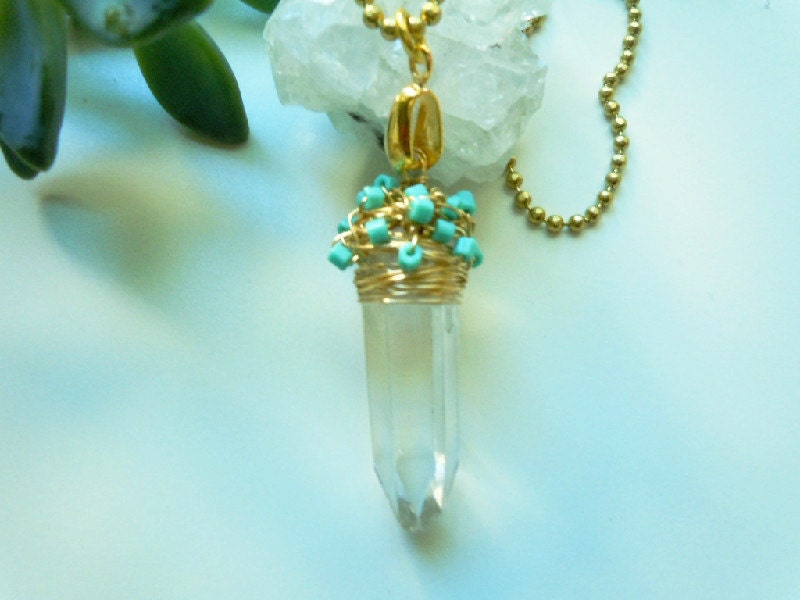 A Crown of Turquoise - Raw Crystal Point Necklace - Wire Wrapped - Designer Jewelry - Bohemian Inspired