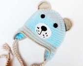Crocheted  baby hat "Bear" with earflaps in light blue, accessories autumn / winter, Photography Prop,READY TO SHIP