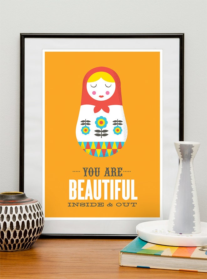 You are beautiful print, original art, inspirational print, quote poster, nursery art, orange wall art, You are beautiful inside and out