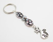 SALE Black and Silver Lampwork Beaded Keychain With Cat Charm WAS 8.99