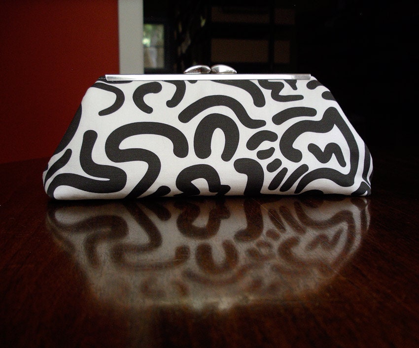 Clutch Purse Black White Linen Fabric-Red interior-evening or day handbag
