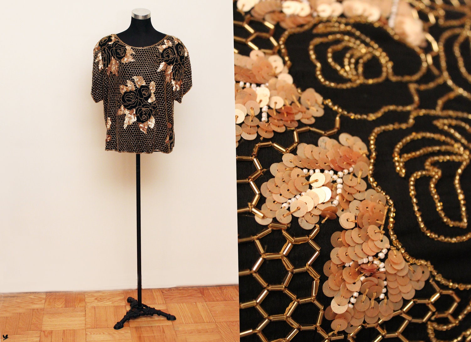 Vintage Silk Trophy Top, Vintage Sequin Top, Black and Gold, Beaded Scoop neck Top
