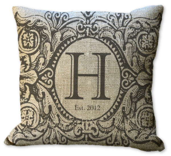 Burlap Substantial Frame Custom Monogram 20x20 or 18x18 or 16x16 or 14x14 Inch Pillow Cover