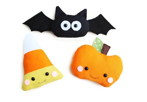 Halloween Sewing Pattern Toy PDF Sewing Pattern Set of Three Kawaii Pumpkin, Bat and Candy Corn