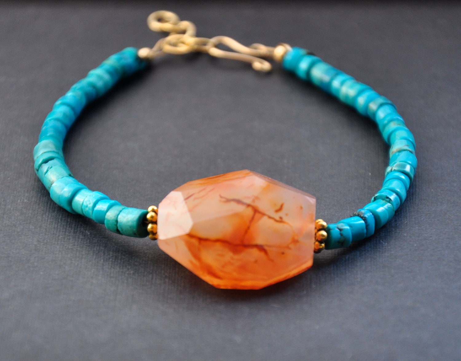 Turquoise Agate Bracelet, Orange Blue Gemstones, Gold Fill Bracelets, Vermeil Handmade Jewelry