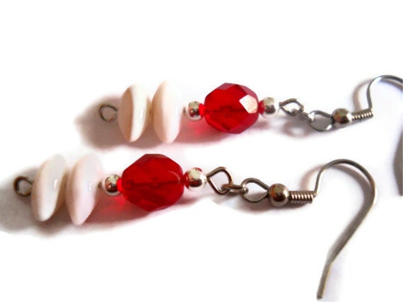 Beadwork White River Shell Dangle Earrings Silver Classic Ruby Red Czech Glass Beaded Jewelry