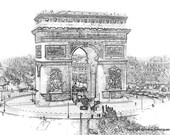 Arc Triomphe- Paris France Sketch 8x10 Abstract Drawing 19th century, vintage look, streets