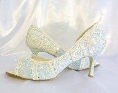 Something Blue ..mid heel...baby blue lacey wedding shoes...peep toes...Swarovski crystals and pearls